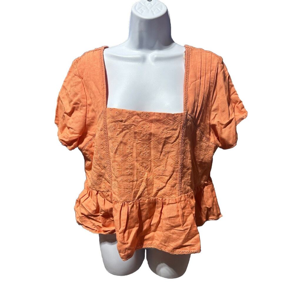 Midnight Sky Women’s xl Crop Top Blouse Embroidered Pleated Floral Orange